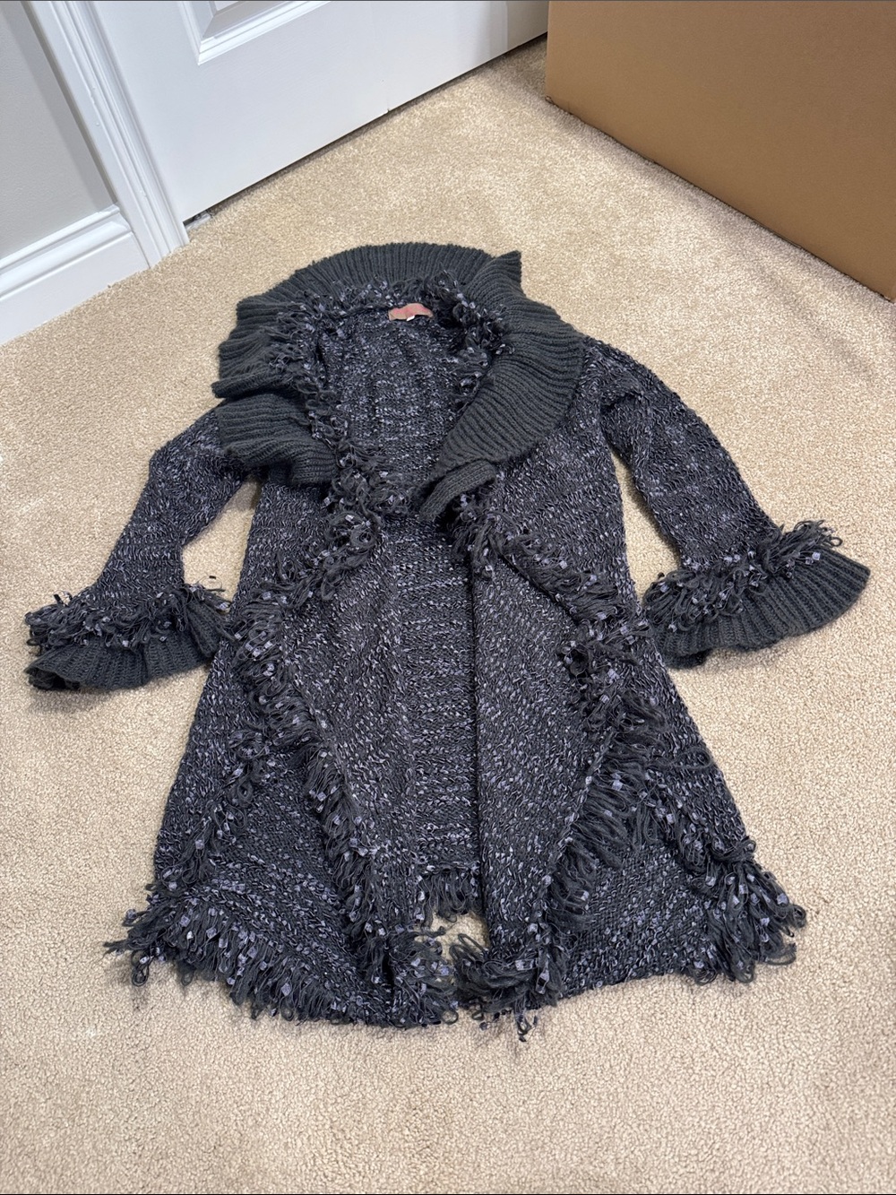 Pretty Angel Black Fringe-Trim Open-Front Knit Cardigan